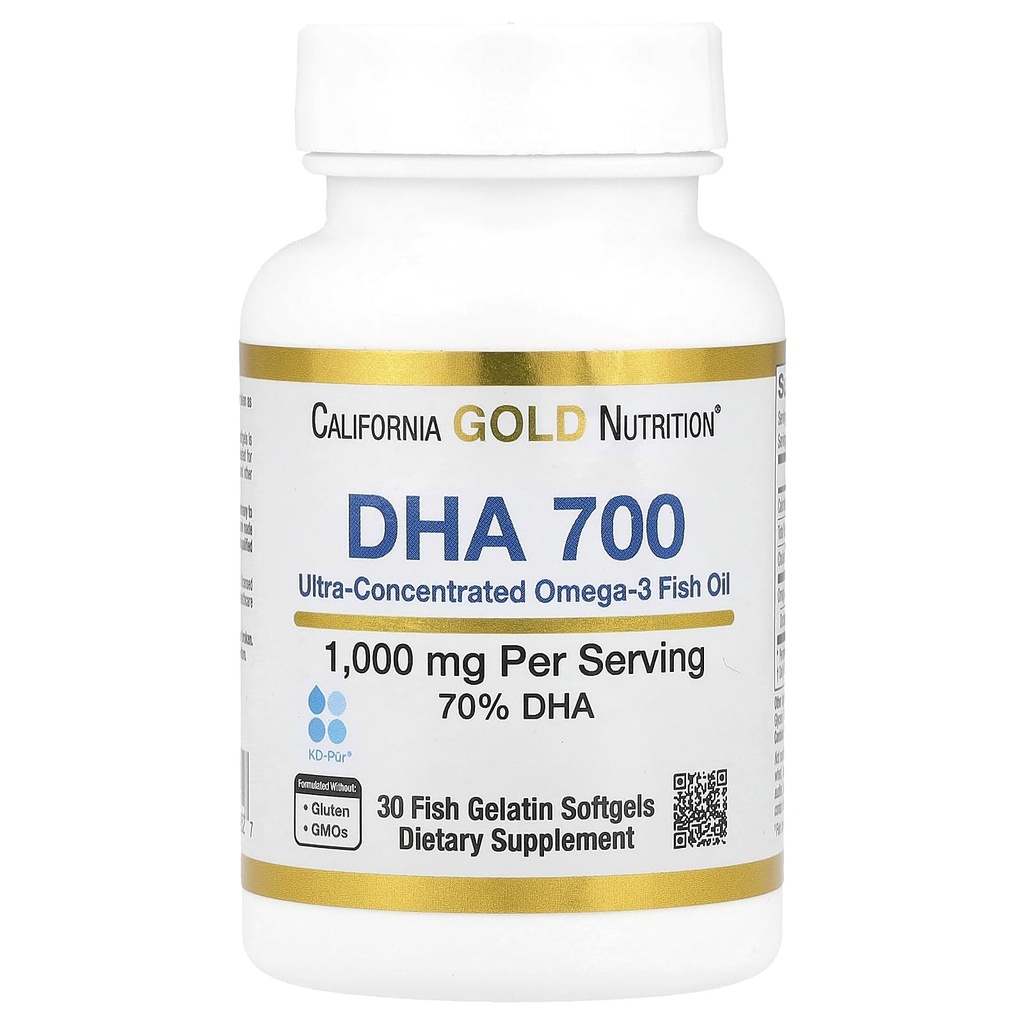 Kalifornia Gold Nutrition DHA 700 Rybí olej Farmaceutická trieda Rybí olej s DHA - Podpora pre mozog & Kardiovaskulárne zdravie - bezlepok, non-GMO - 1000 mg - 30 Rybia želatína Softgels