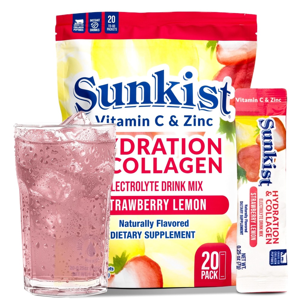 Frozen Bean Sunkist Kolagen Drink Mix - Hydratácia Jahodový citrón Electrolyte Drink pre ženy s vitamínom C, Zinok, Kolagén Peptidy, prirodzene ochutené - 20 Balenie