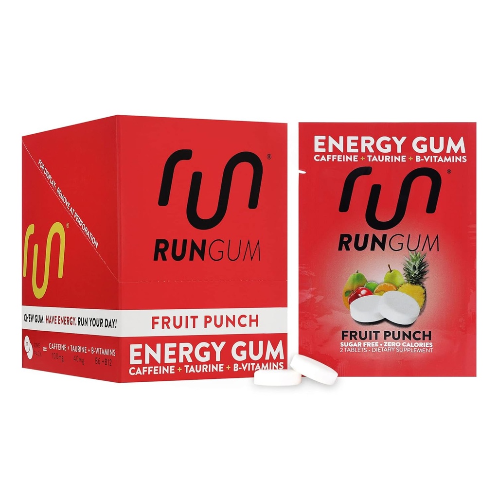 RUN GUM Fruit Punch Energy Chewing Gum 50mg Caffeine Taurine & B- Vitamins Per Piece, 24 Pieces (Pack of 12) Sugar Free, Zero Calorie, No Aspartame, and Gluten Free, 1 ea