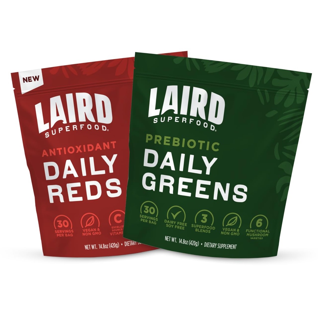 Laird Superfood Reds & Greens Bundle, Prebiotic Daily Greens and Antioxidant Daily Reds Powder, 14.8oz