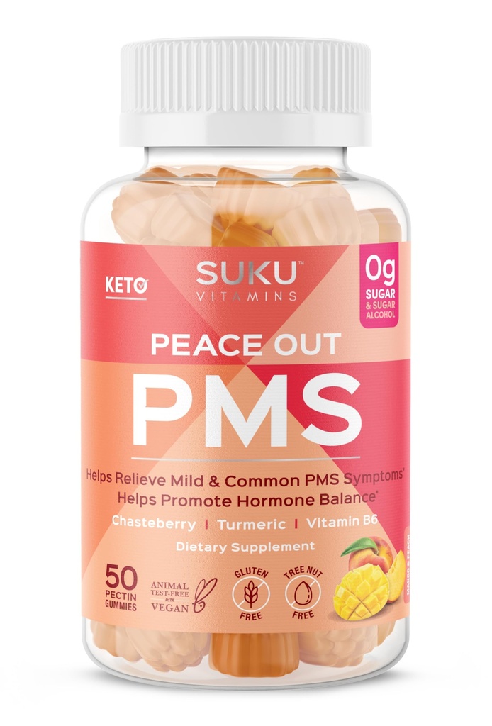 SUKU vitamíny - PMS Gummy doplnok s čerešňami k uľaveniu PMS a menopauza Peach Mango Gummy (50 Počet)
