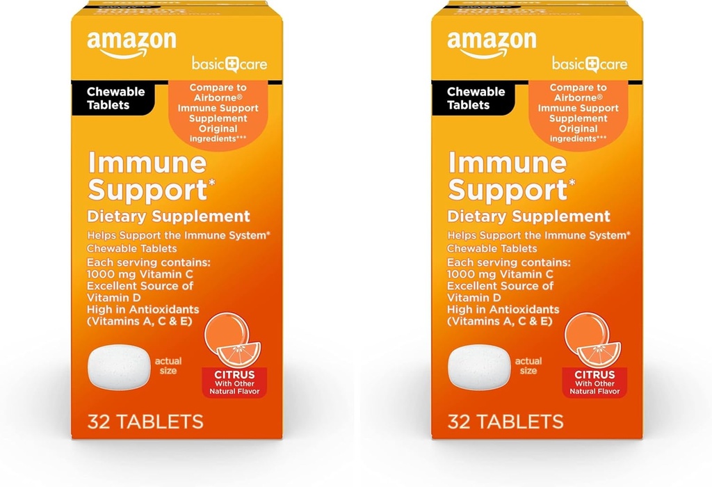 Amazon Basic Care Immune Support Citrus Chew Tablets, 32 Počet (Pack of 2)