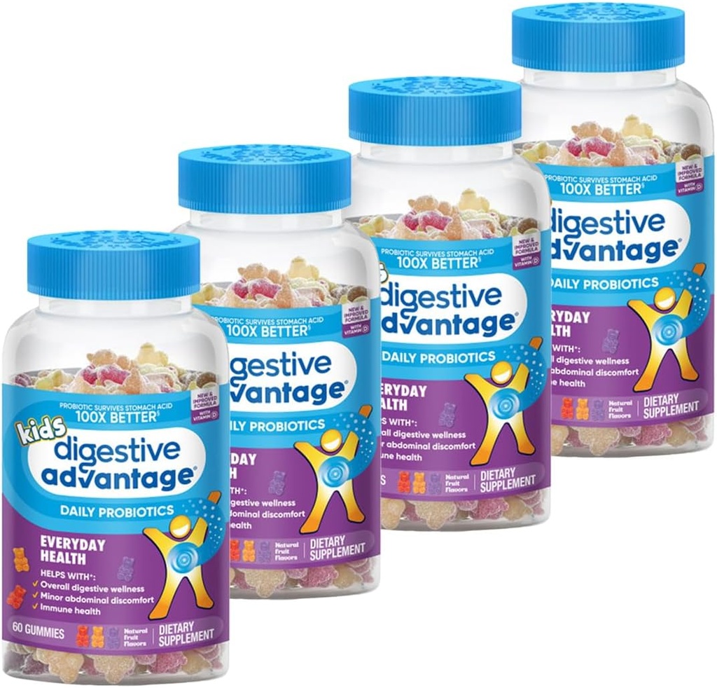 Tráviace dobrodružstvo Deti prírodné ovocné príchute Probiotické Gummy pre deti Occassional Bloating, Minor Brušný Discomfort & Gut Health, 60 gróf Gummies (4 balenie)