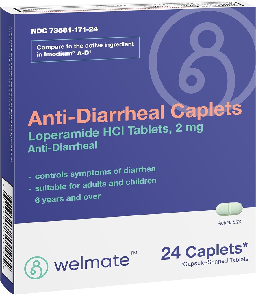 WELMATE - Anti-Hraeol Caplets (24 Caplets) - Loperamid HCL 2 mg - Hnačka Symptom Relief - Upset Žalúdočný Reliever - Anti Hnačka Pills - Over-The-Counter Medication
