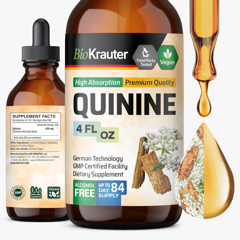 BIO KRAUTER Quinine for Leg Cramps Tincture - Cinchona Bark Extract - Vegan Quinine Liquid - Alkohol a cukor bez extraktu 4 Fl.Oz.