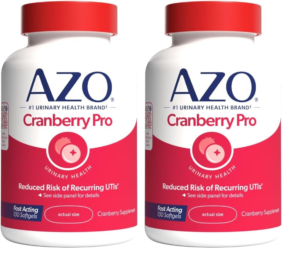 AZO Cranberry Pro Urinary Tract Health Supplement 600mg PACRAN, 1 Serving: More Than 1 Glass of Cranberry Juice, Sugar Free Cranberry Pills, Non-GMO 100 Softgels (Pack of 2)