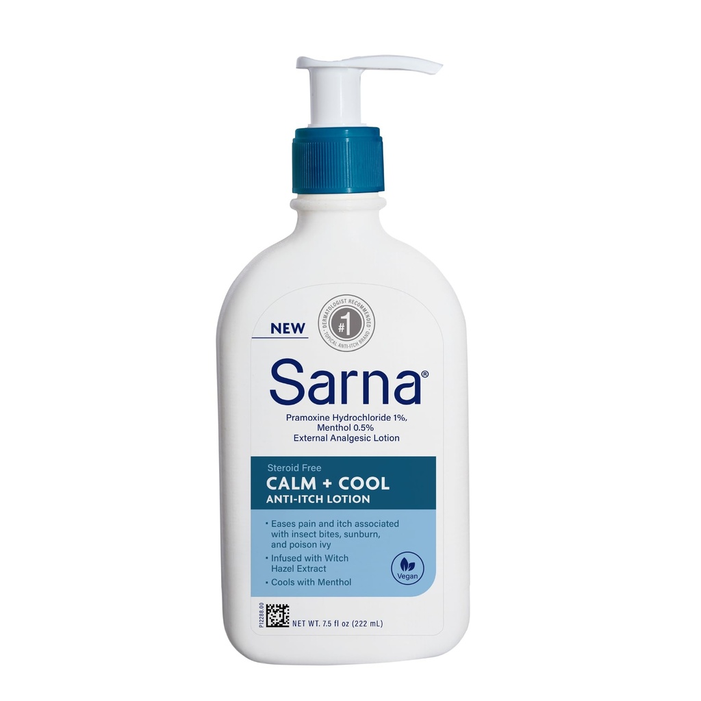 Sarna Pokoj + Cool Anti-Itch Lotion, Soothe a Relieve Bolesť a svrbenie od hmyzu Bites, Sunburn, & Poison Ivy, Obsahuje 1% Pramoxine hydrochlorid, 0,5% Menthol, Vegan, Steroid-Free, 7.5oz