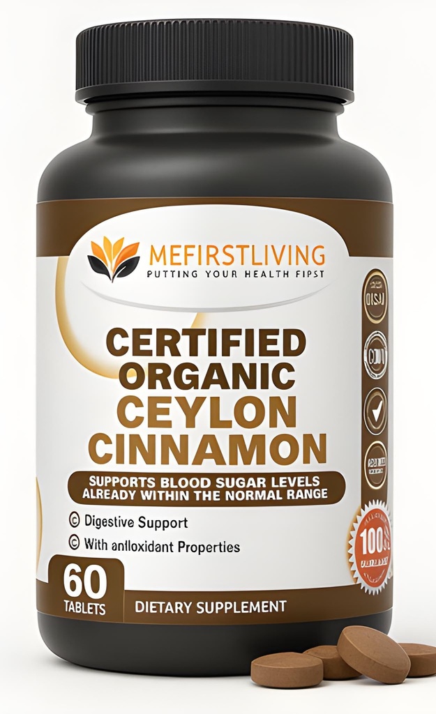 Me First Living Ceylon škorica 1000mg, 100% Certified Organic Ceylon škorica, non-GMO, Pravá škorica, metabolická podpora, Antioxidant - 60 tabliet