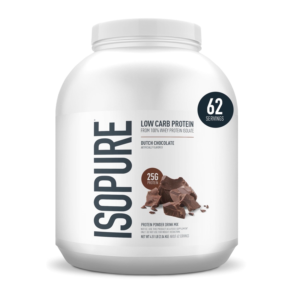 Isopure Low Carb 100% Pure Wheey Isolate Protein Powder, Lactose, Gluten Free, With Vitamíns, Dutch Chocolate, 25g Protein Per Serving, 4.5 Lbs, 62 Servings (Backaging May Vary)