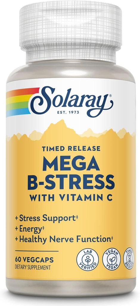 SOLARAY Mega vitamín B-stres, timed-Release vitamín B komplex s 1000 mg vitamínu C pre stres, energie, červených krviniek a imunitnej podpory, 60 dní záruka, Vegan, 20 Servings, 60 VegCaps