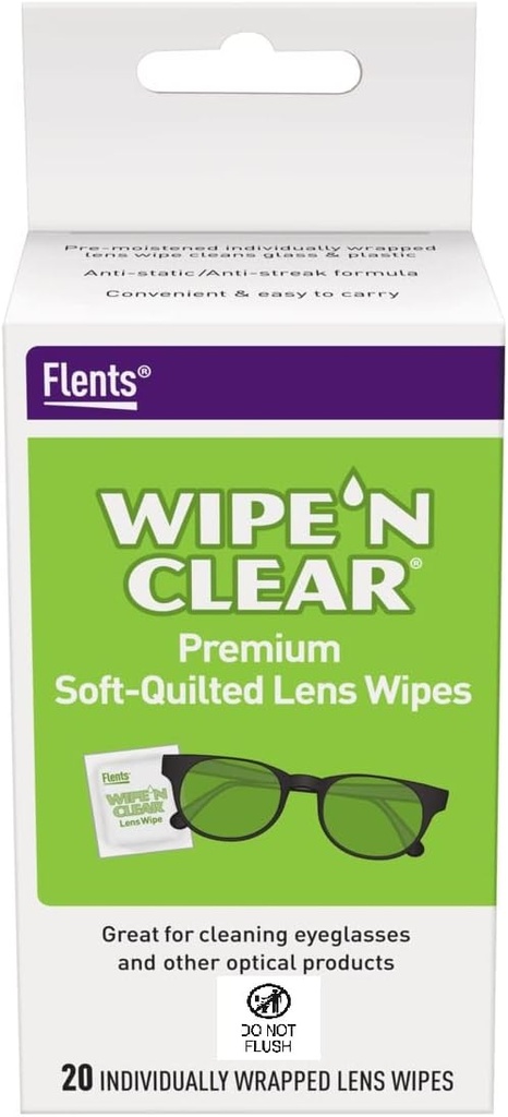 Flents Lens Wipes, Wipe 'N Clear, 20 Gróf, Pre-Moisted, Break-free, Safe for Glasss, Anti-Fog, Gentle Cleaning, Clear Vision, Individuálne zabalený pre cestovanie a pohodlie, Vyrobené v USA