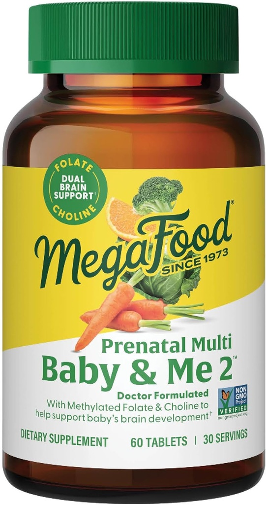 MegaFood Baby & Me 2 Prenatal Vitamin and Minerals - Vitamins for Women - with Folate (Folic Acid Natural Form), Choline, Iron, Iodine, and Vitamin C, Vitamin D and more - 60 Tabs (30 Servings)