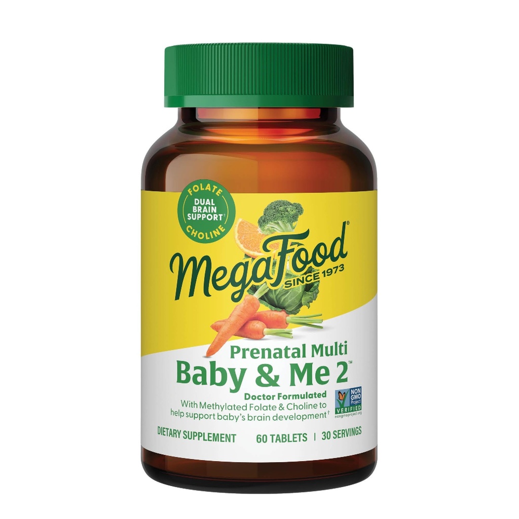 MegaFood Baby & Me 2 prenatálne vitamíny a minerály - vitamíny pre ženy - s folátom (prírodná forma kyseliny listovej), cholín, železo, jód, a vitamín C, vitamín D a viac - 60 Tabs (30 servings)
