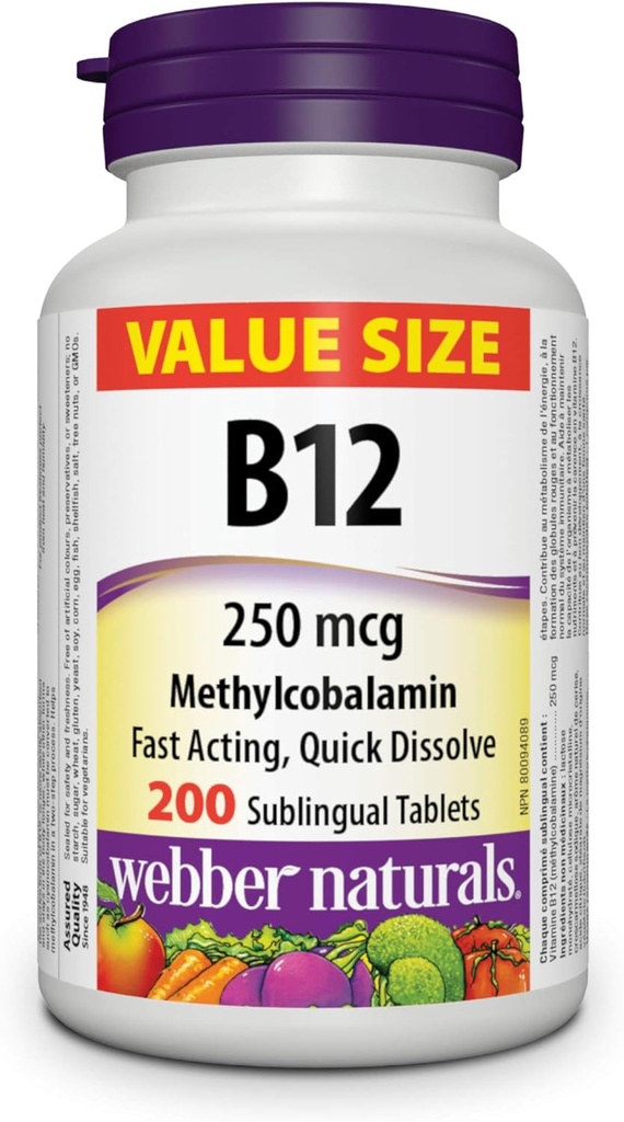 Webber Naturals Vitamín B12 250 μg Metylkobalamín, 200 Sublingválne tablety