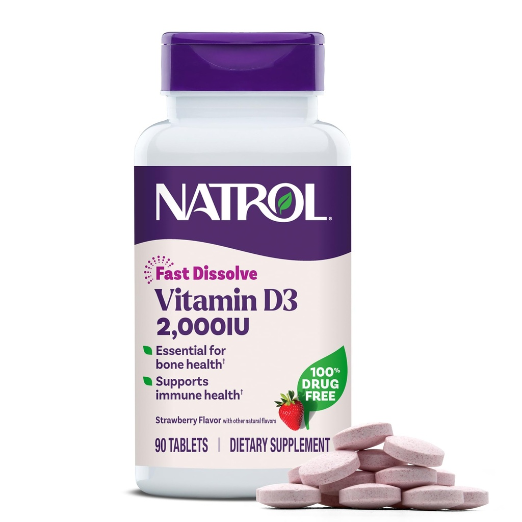 Natrol rýchlo rozpustí vitamín D3 2 000 IU, diétny doplnok pre zdravie kostí a kĺbov, doplnok na podporu kostí, 90 tabliet, 90 dní