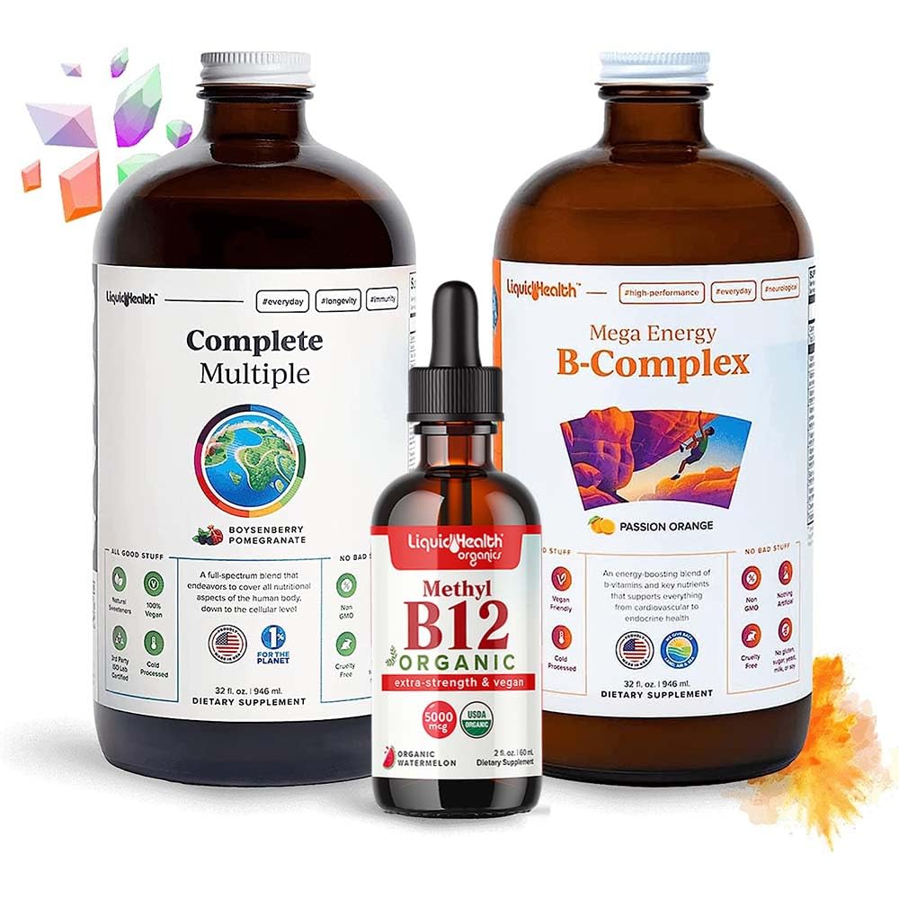 LIKVIDNÁ HEALTH Vysokovýkonná vitamínová zmes pre dospelých s Mega Energy B-Complex, Kompletné viacnásobné multivitamínové a organické vitamín B12 kvapky - zvýšenie prírodnej energie a zlepšenie športovej výkonnosti