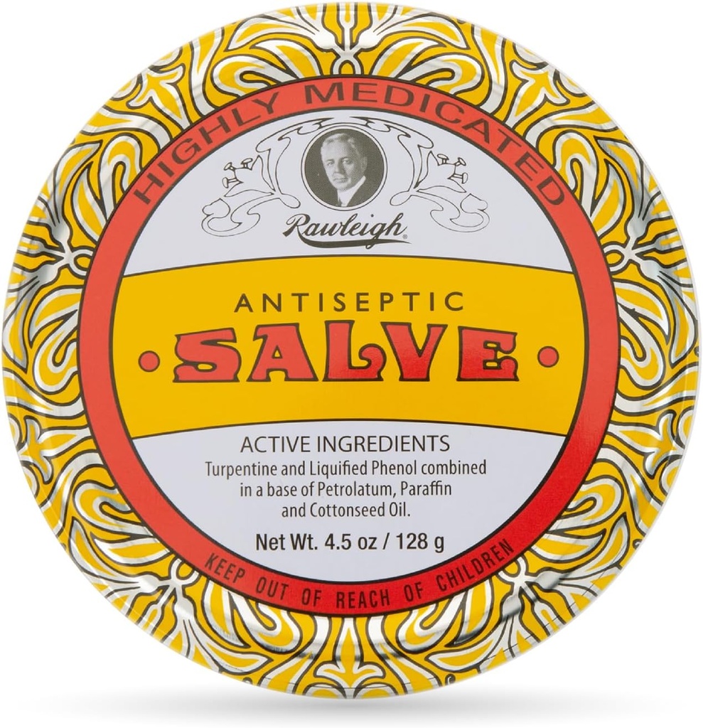Rawleigh Antiseptický Salve Iconic Yellow Big Tin: 4.5 oz, Prírodné, Multi-Purpose Masť Upokojuje kožné rezy, Bruises, Irritácie, s Turpentine, Fenol, Bavlníkový olej, Pôvodná formula - balenie 1