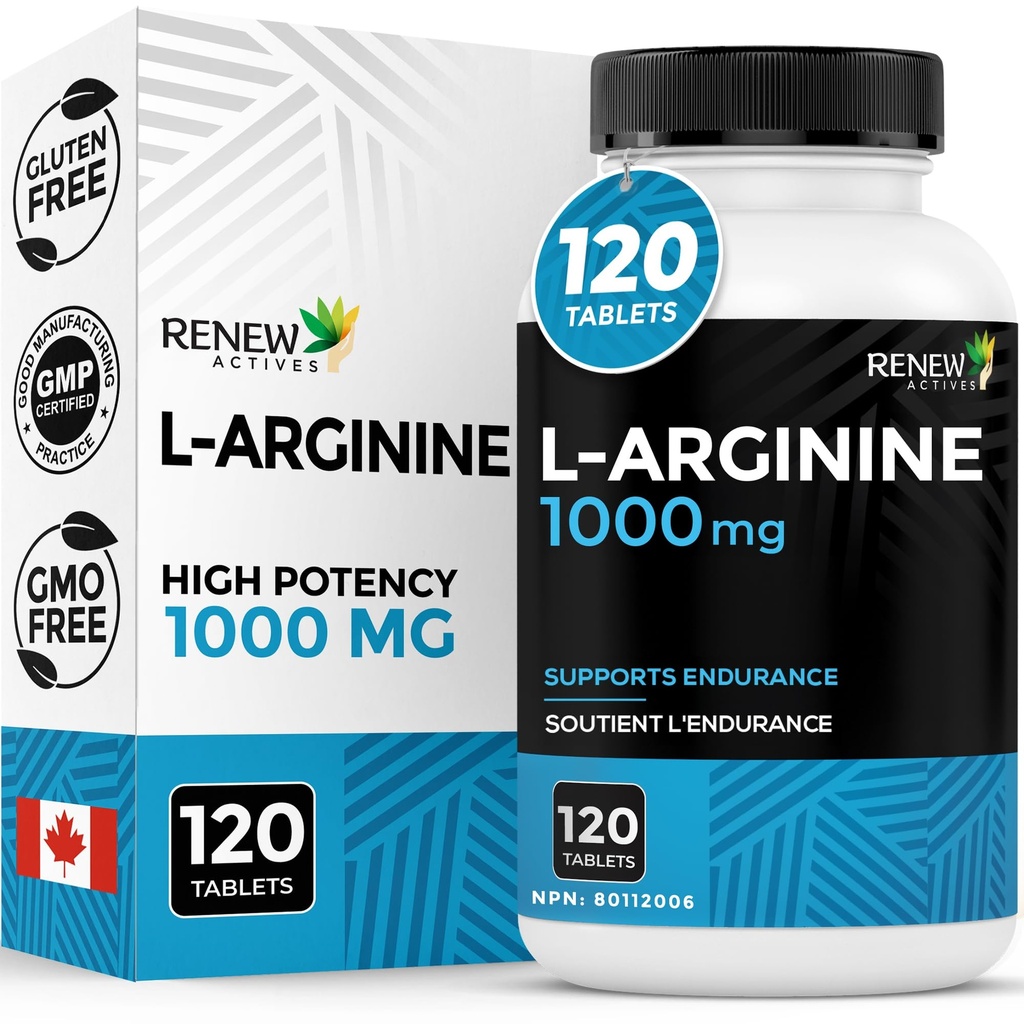 Obnoviť aktívne L-arginín doplnok 1000MG pre službu - Sila & Vytrvalosť, Essential for Protein Synthesis & Muscle Function, Fyzický výkon Booster - Made in Canada - 120 Tablety