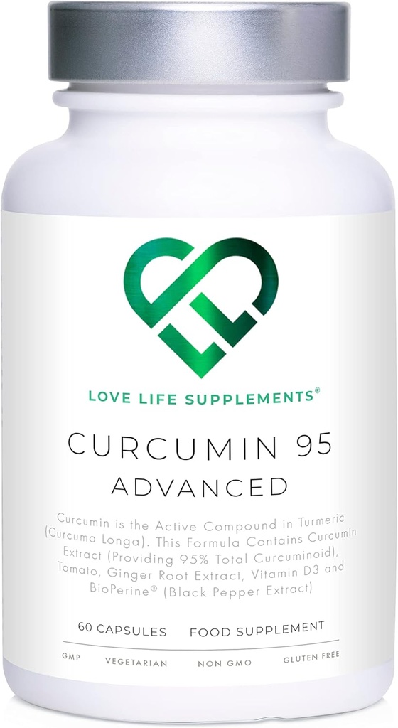 Curcumin 95 Advanced, 60 Kapsule, High Strength Curcumin (The Active Component of Turmeric) s 95% Curcuminoids + BioPine® (Black Pepper Extract), Vitamín D, Paradajka a Zázvor, GMP schválené