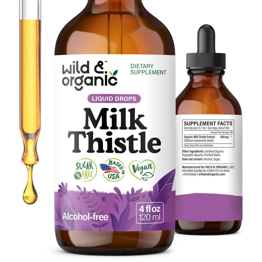 Wild & Organic Milk Thitle Liquid Drops - Pečeň čistí Detox - Silymarin Milk Thitle Supplement for Liver Support - Add to Tea - Silybum Marianum Seed Extract Tinculture - Cukor a alkohol-free - 4 oz