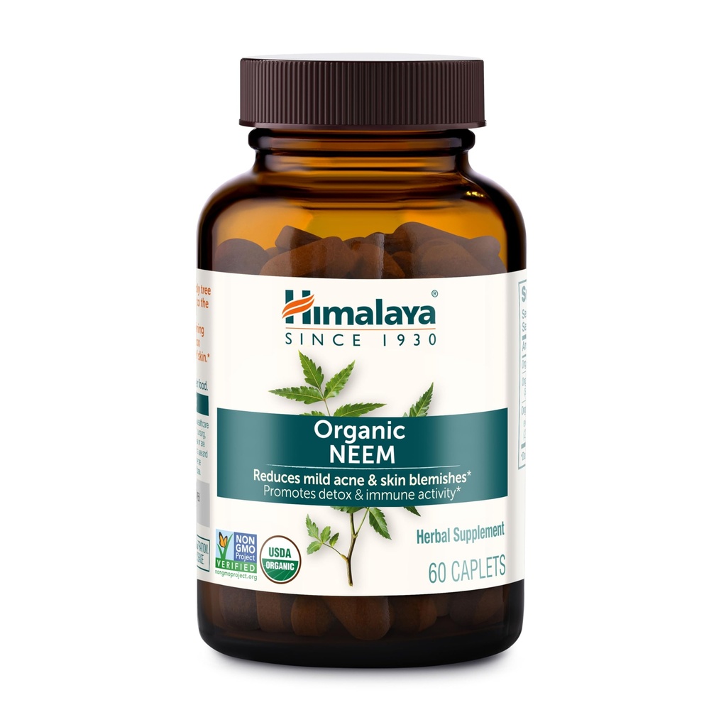 Himalája Organic Neem, 60 Day Supplements - Bylinné akné doplnky podporujúce čistú pleť a detox - USDA Organic, Vegan, Non-GMO, Gluten Free, 600 mg, 60 Caplets
