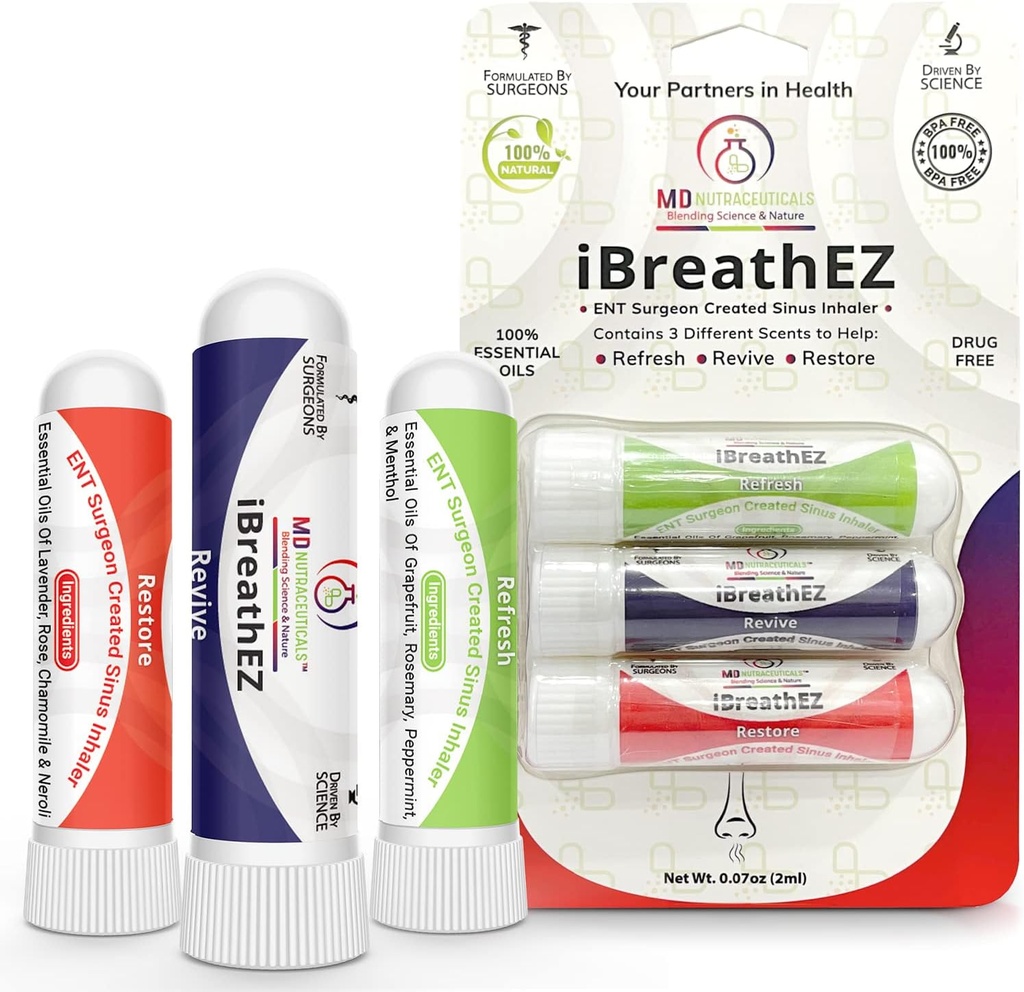 iBreathEZ Nasal Sinus Inhaler Kit Formulované ENT chirurgovia s esenciálnymi olejmi pre energiu, Stres, Dekongesting a chladu alebo alergie úľava (3 balenie)