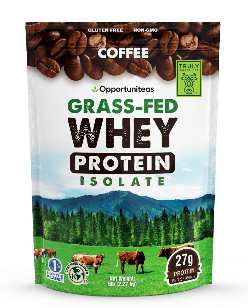 Opportuniteas Grass Fed Coffee Wheey Protein Isolát prášok - 27g Proteín prášok Bez umelých sladidiel, 60mg kofeín, kravy bez hormónov - 5lb