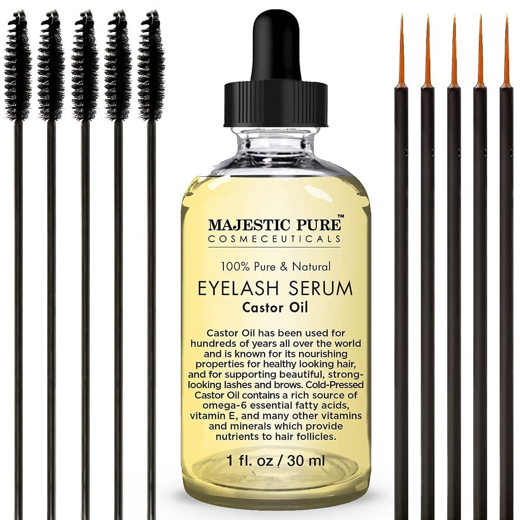 Majestic Pure Castor Oil Eylash Serum - s Apple & Argan Stem Cells - Eyelash Growth Serum pre dlhšie silnejšie riasy, obočie a vlasy - Voľný súbor Mascara Brush & Eyliner Applicátor - 1 fl oz