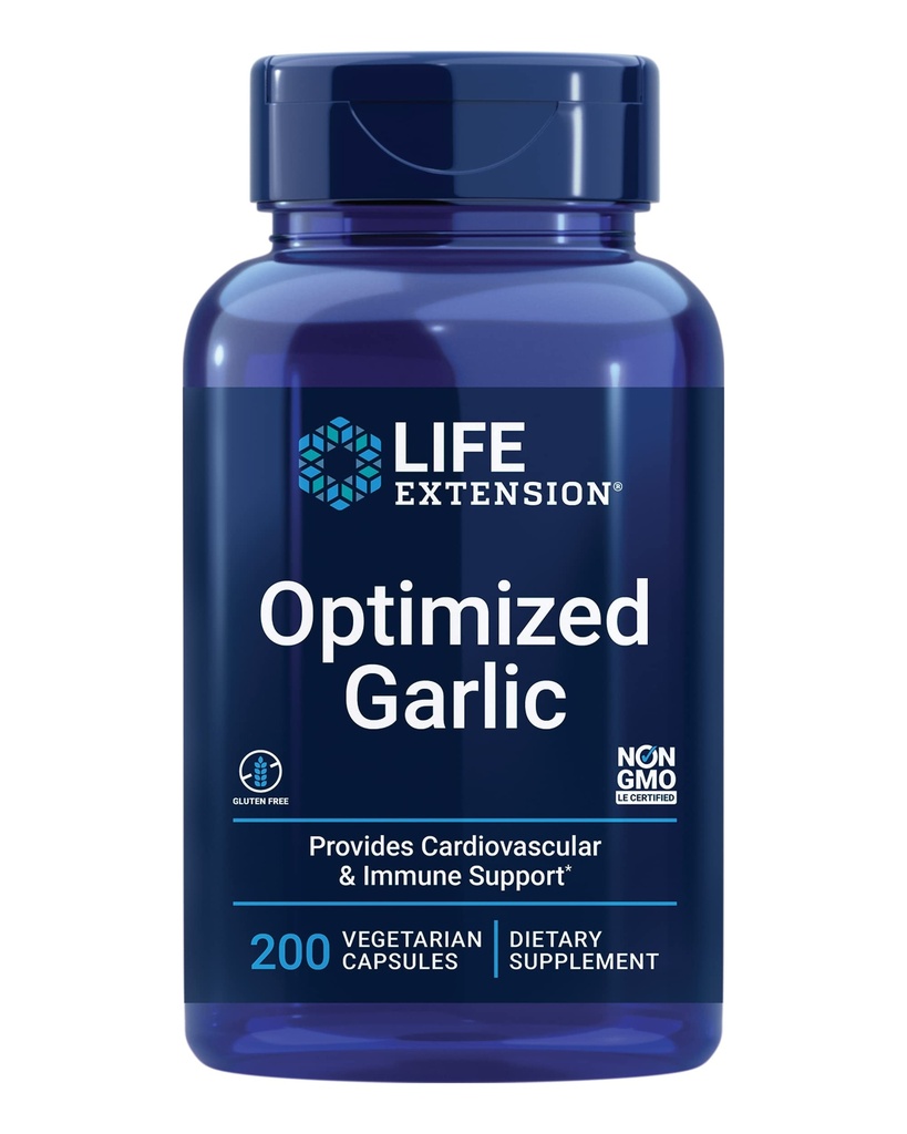 Life Extension Optimised Cesnak, štandardizované Kapsule od Heart Health, Immune Support, Cellular detoxifikácia a zdravá funkcia krvných doštičiek, Gluten-free, non-GMO, Vegetarián, 200 Kapsule