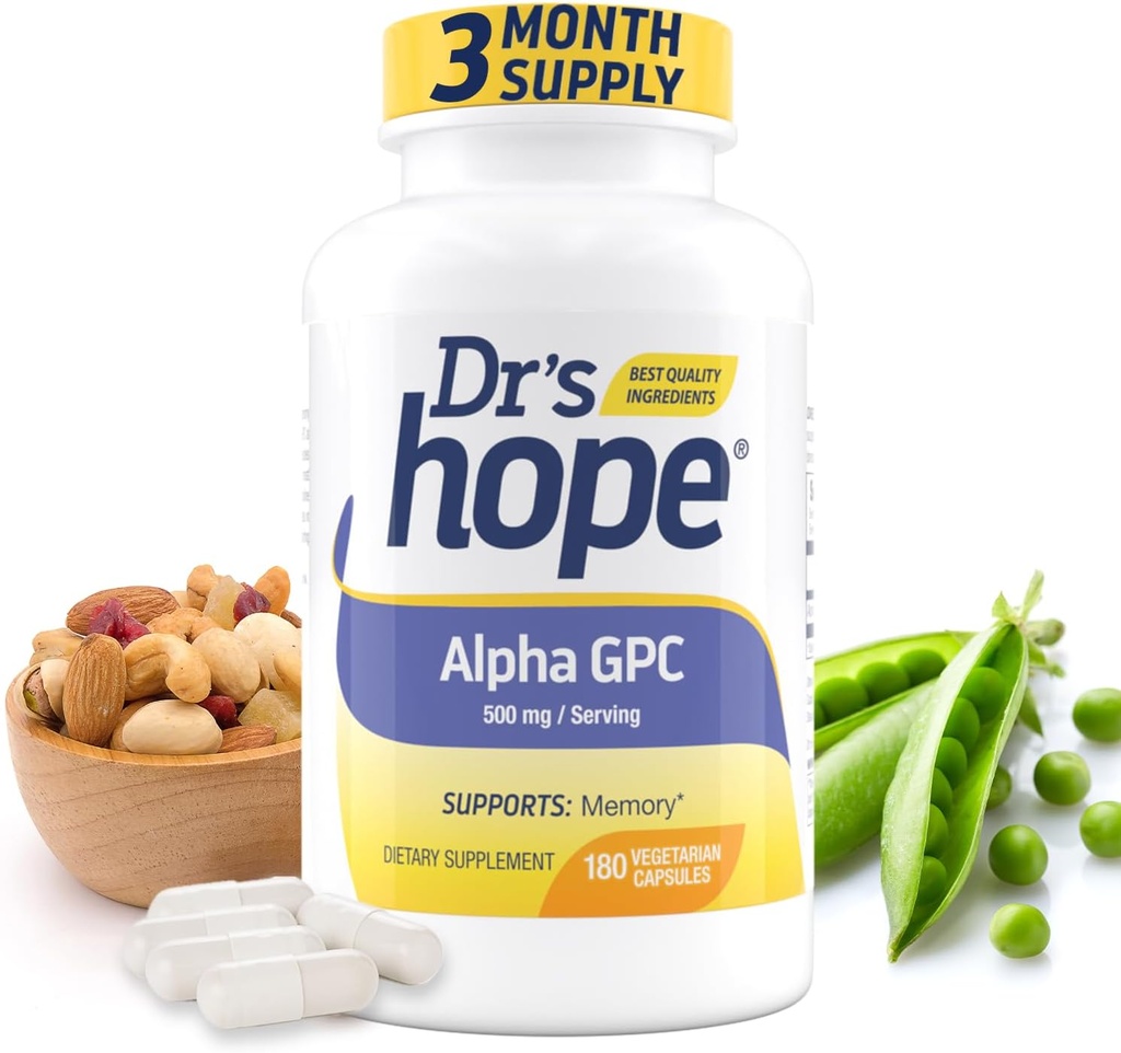 Alpha GPC 500mg, Alpha GPC Supplement - Podporuje pamäť a kognitívne funkcie - 180 Veggie Capsules, Made in The USA