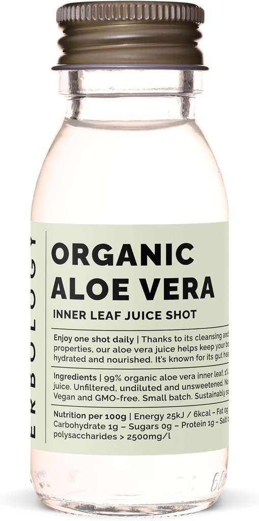 Erbology Organic Aloe Vera Juice 12 Daily Shots (2 fl oz) - Imunity Support and Detox - from Inner Leaf - Straight from Farm in Spain - Neriedený - No Added Sugar - Non-GMO - Recyklovateľné sklenené fľaše