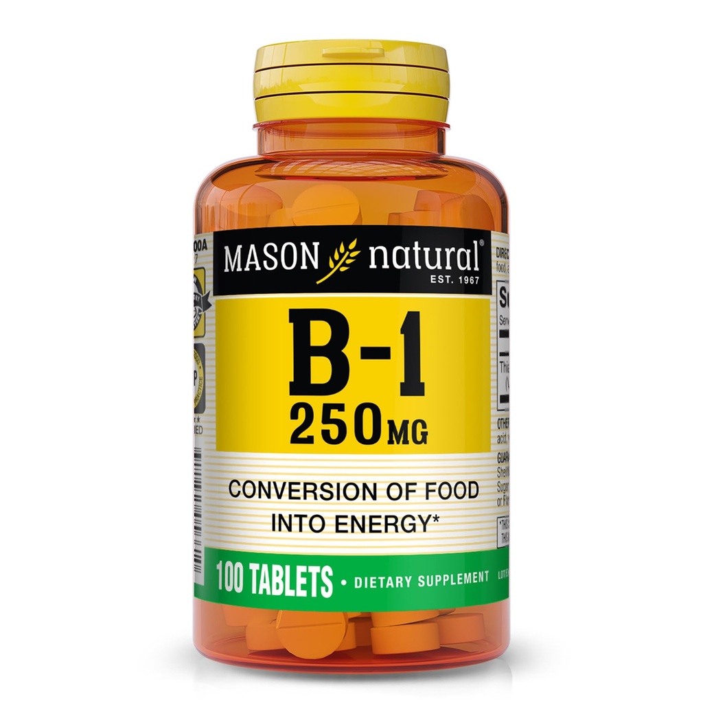 MASON NATURAL Vitamin B,1 Tiamín 250 mg, 100 dní Dietary Supplement, Easy,to, Prehltnite tablety, podporu výroby energie a zdravé metabolizmus