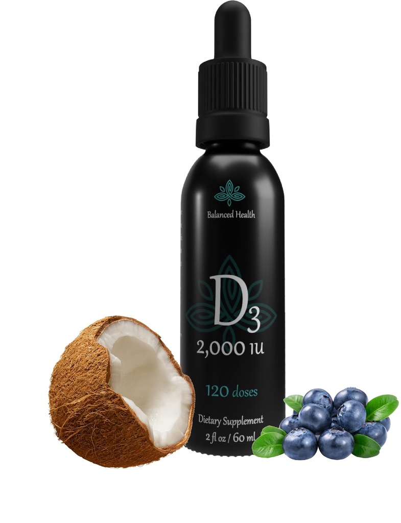 Balance Health D3 2 000 IU, 2 Fl Oz, 120 dávok, čučoriedková príchuť, tekutý vitamín D kvapky w MCT olej pre rýchlejšie vstrebávanie, Non GMO Vegetariánska bezpečné