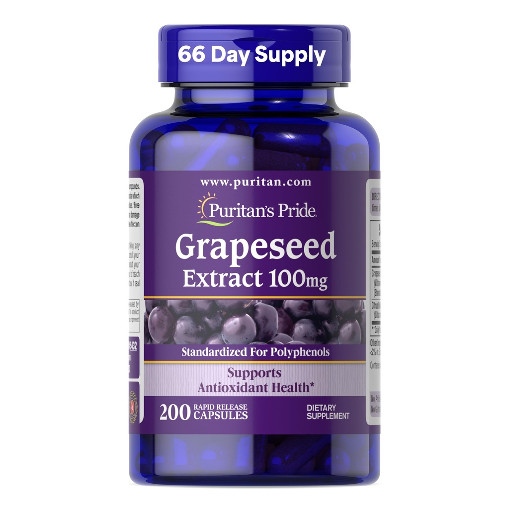 Puritan's Pride Grape Seed Extract 100mg with Citrus Bioflavonoid Complex, Dietary Supplement for Antioxidant and Heart Health Support, 200 Rapid Release Kapsule