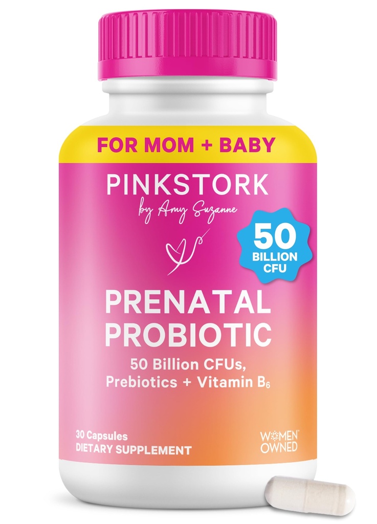 Pink Stork prenatálne probiotiká pre ženy - 50 miliárd CFU, vitamín B6, prebiotiká, ranná choroba, Gut Microbome, tehotenstvo probiotiká, imunitná podpora, tehotenstvo musí mať - 30 kapsúl