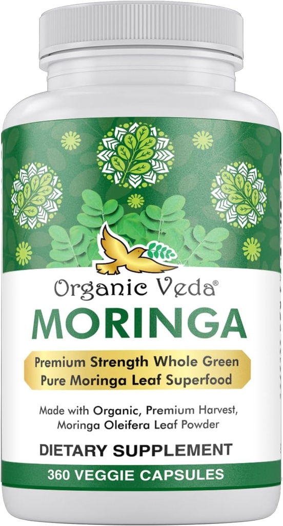 Organické Veda Moringa Leaf prášok Kapsule, 1000 mg, 360 gróf - Pravá zelená prírodná organické Moringa Oleifera, Premium Sila živina Dense 100% Pure Leaves - Energy, Sleep & Imunity Support - Vegan