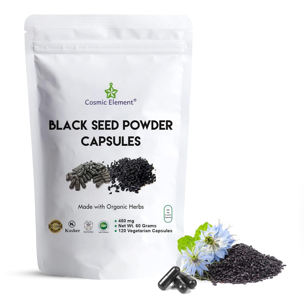 Kozmický element 100% Pure Black Seed prášok Kapsule Organic - Vegan Nigella Sativa 450mg Black Cumin Seeds per Serving for Health - 120 Kapsule