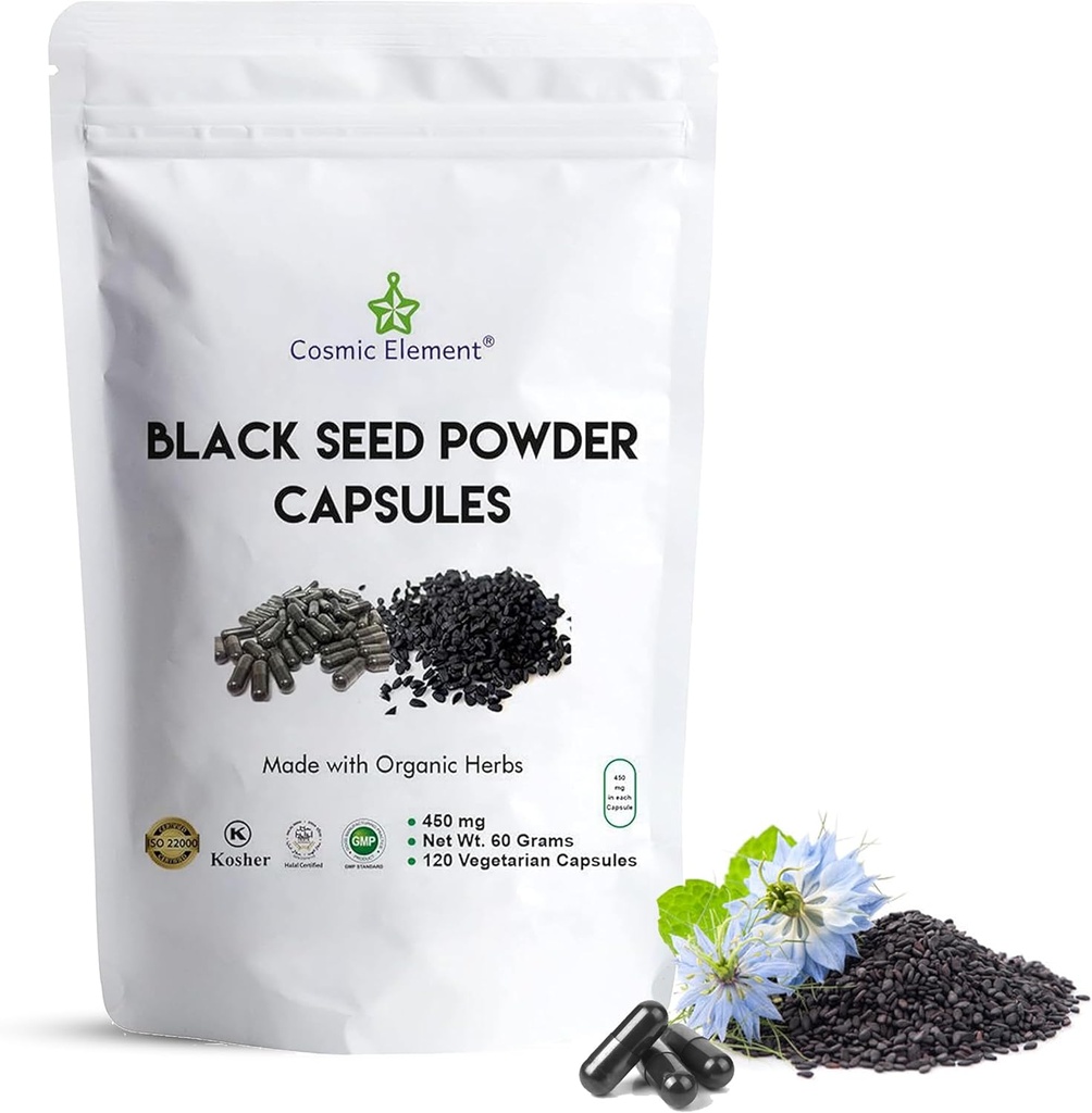 Kozmický element 100% Pure Black Seed prášok Kapsule Organic - Vegan Nigella Sativa 450mg Black Cumin Seeds per Serving for Health - 120 Kapsule
