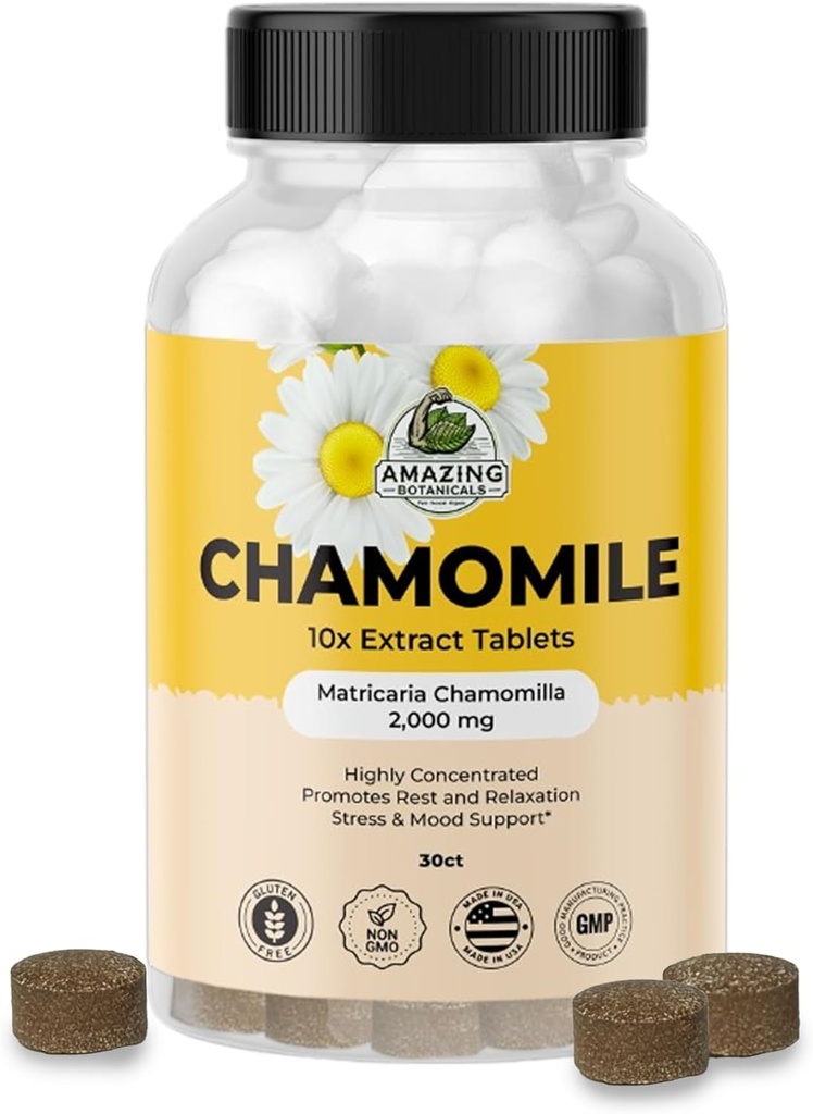 Amazing Botanicals Organic harmančekové extrakt tablety - Matrica Chamomilla Plant Based Supplement - 10x Extract 2000 MG Každá - Podporuje relaxáciu - 30 tabliet