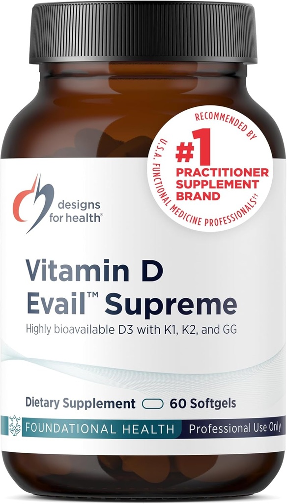 Dizajn pre zdravie D-Evail Supreme - 5,000 IU vitamín D3 doplnok s VIT K (K1, K2 ako MK-4) + GG - kosti, Kardiovaskulárne + imunitná podpora - lepšia biologická dostupnosť (60 softgelov)