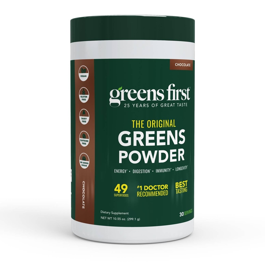 Greens First Original Greens Powder - 49 Superfoods - Organic Fruits & Veggies - Prebiotiká, Probiotiká & Digestive Enzymes - Antioxidant Smoothie - Dairy Free, Vegan, Non-GMO (Chocolate, 30 Servings)