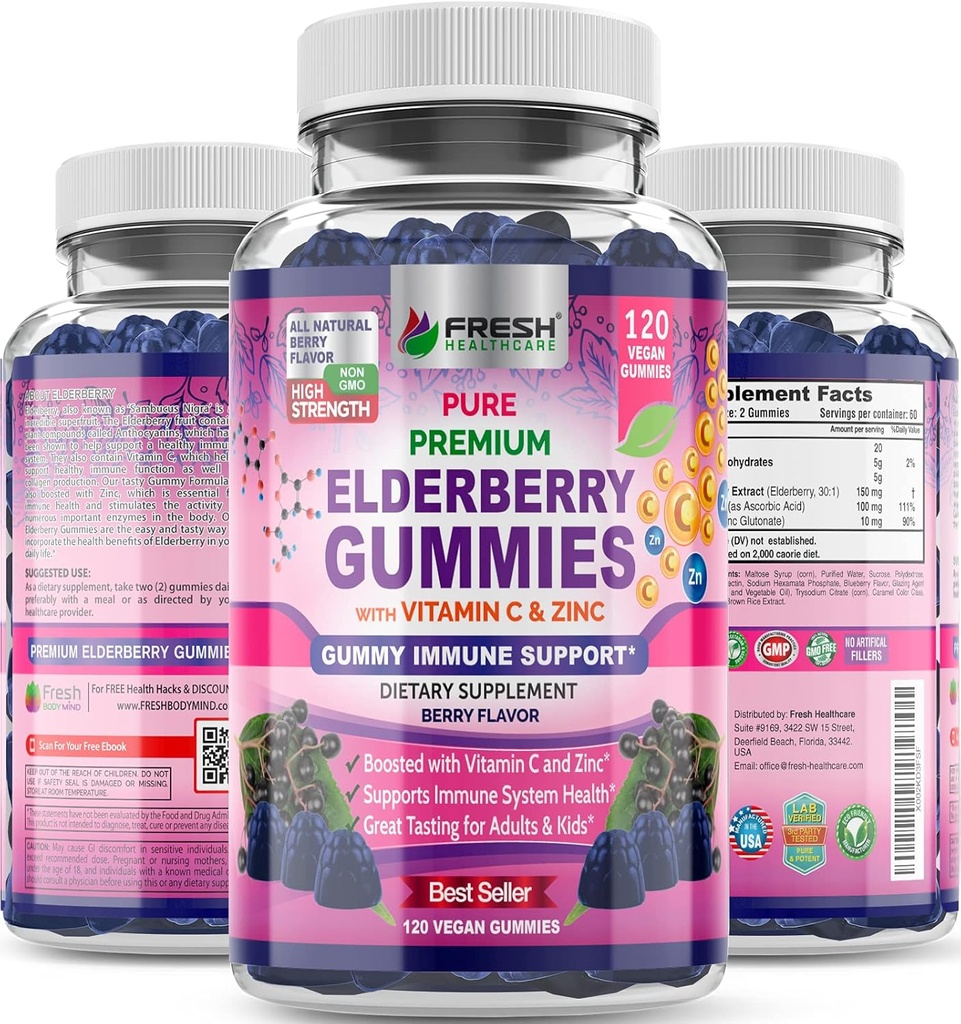 ČERSTVÉ ZDRAVOTNÍCKE Gummy s vitamínom C, zinkom a sambucusom bazový extrakt 30:1 - 100% Vegan - Imunitná podpora pre dospelých a deti - 120 gróf Gummy doplnok