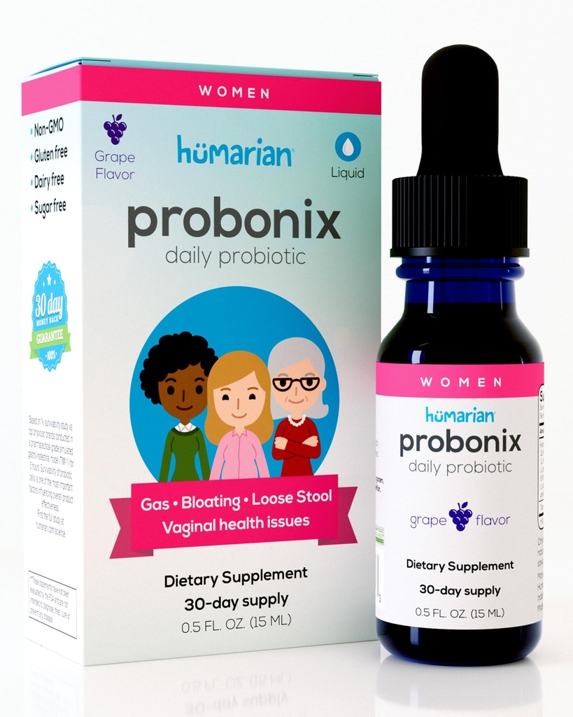 Probonix Humarian Liquid Probiotiká pre ženy - 12-kmeňové probiotické kvapky na opevnenie žien, zdravie Gut, vaginálne zdravie, odolnosť a celková Wellness - 30-Deň dodávky - lahodná hroznová chuť
