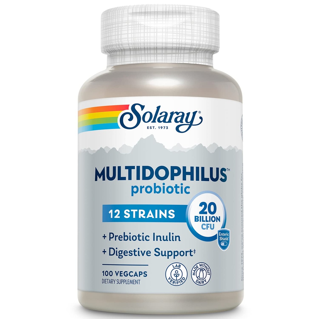 SOLARAY Multidophilus 12 kmeň probiotikum 20 mld. CFU, probiotiká pre tráviace zdravie a podporu zdravia Gut, prebiotický inulin, bez mlieka, 50 Serv, 100 VegCaps