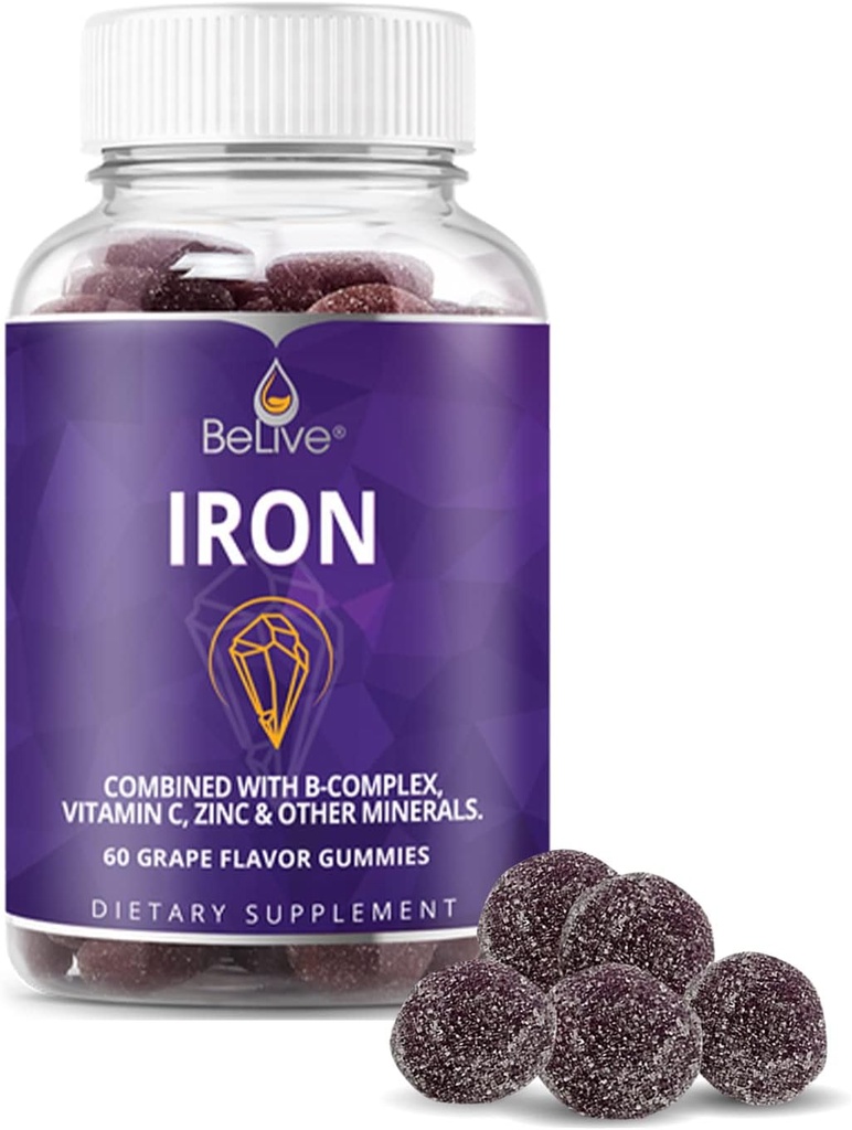 BeLive Iron Gummies - Multivitamínové doplnky s vitamínom C, A, B a zinok, podporuje krvný kyslík, Vegan Železo doplnky pre ženy, Muži a deti pre rast a rozvoj - Hroznová aróma 1-Pack
