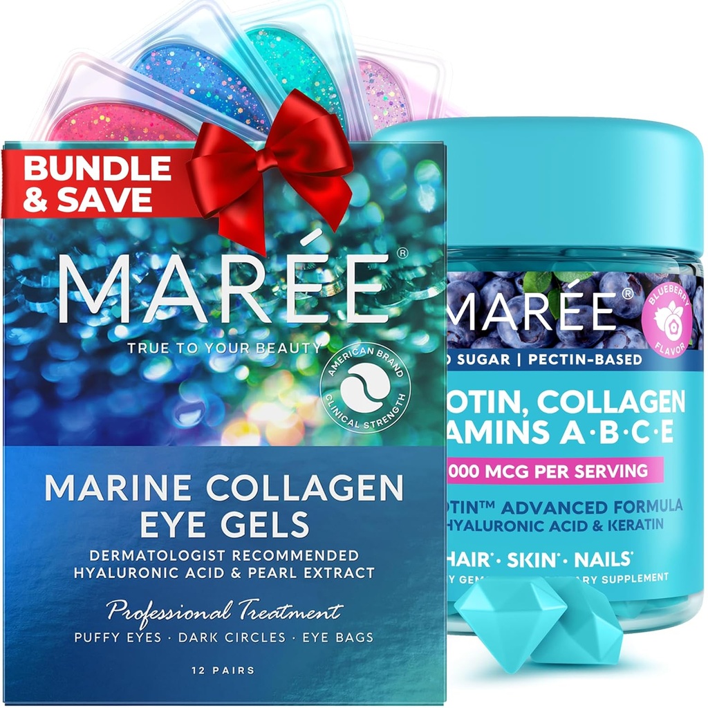 MAREE Beauty Bundle - Pod očami gély a biotín Gummy - Marine Collagen & Hyaluronic Acid, A B C E Vitamíny komplex s keratín & kyselina pantoténová - De-puff oči a tmavé kruhy, koža, nechty a vlasy