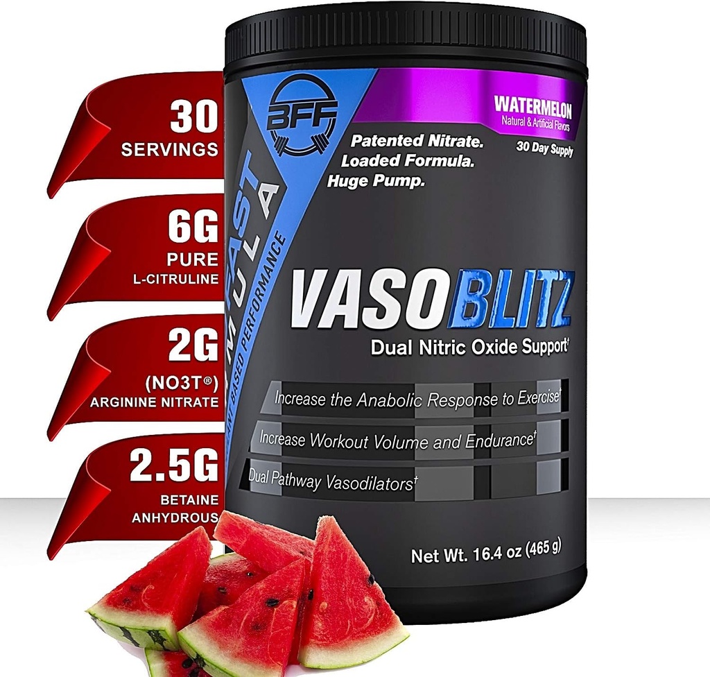 VASOBLTZ Award Winning Dual Nitric Oxide Pre Cvičenie s NO3T Arginín Nitrate,L-Citrulín,Betaine Anhydrous,Calcium Lactate,Caffeine Free for Muscalar Endurance [30 Servírovanie] (Watermelon)