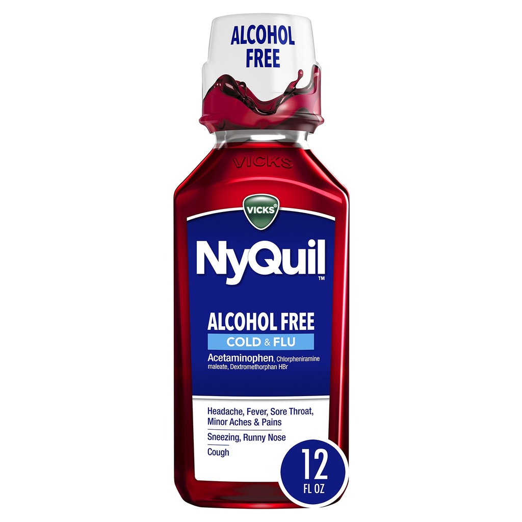 Vicks NyQuil, bez alkoholu, Kašeľ, úľava na studenú a chrípku, bolesť hrdla, úľava na horúčku a kongesciu, Berry, 12 Fl Oz