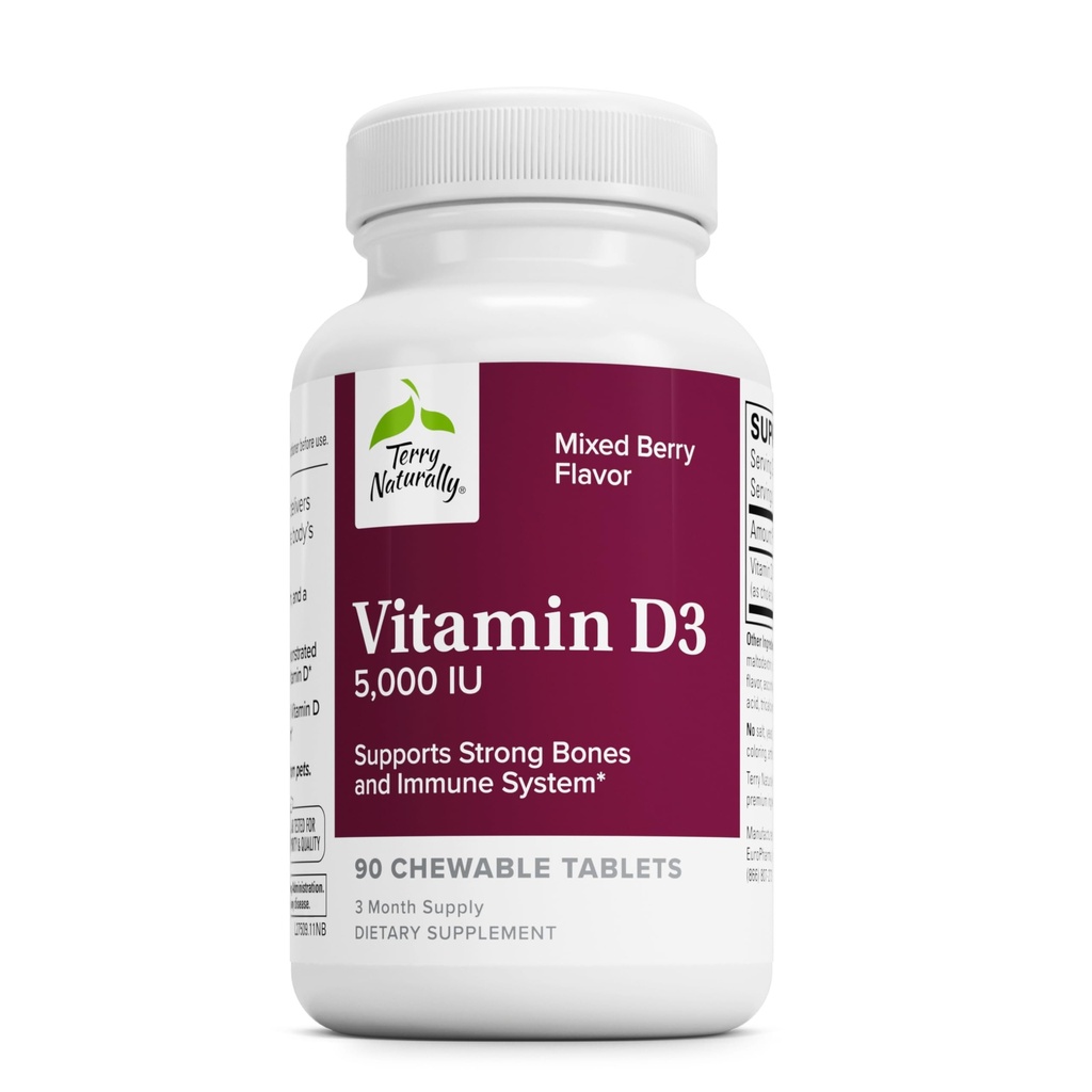 Terry Prirodzene vitamín D3 - Bone Health & Bone Strength Supplement - Diétny doplnok pre imunitný systém a podporu mozgu - 5 000 IU vitamín D tablety so zmiešanou Berry Flavor - 90 žuvacie tablety