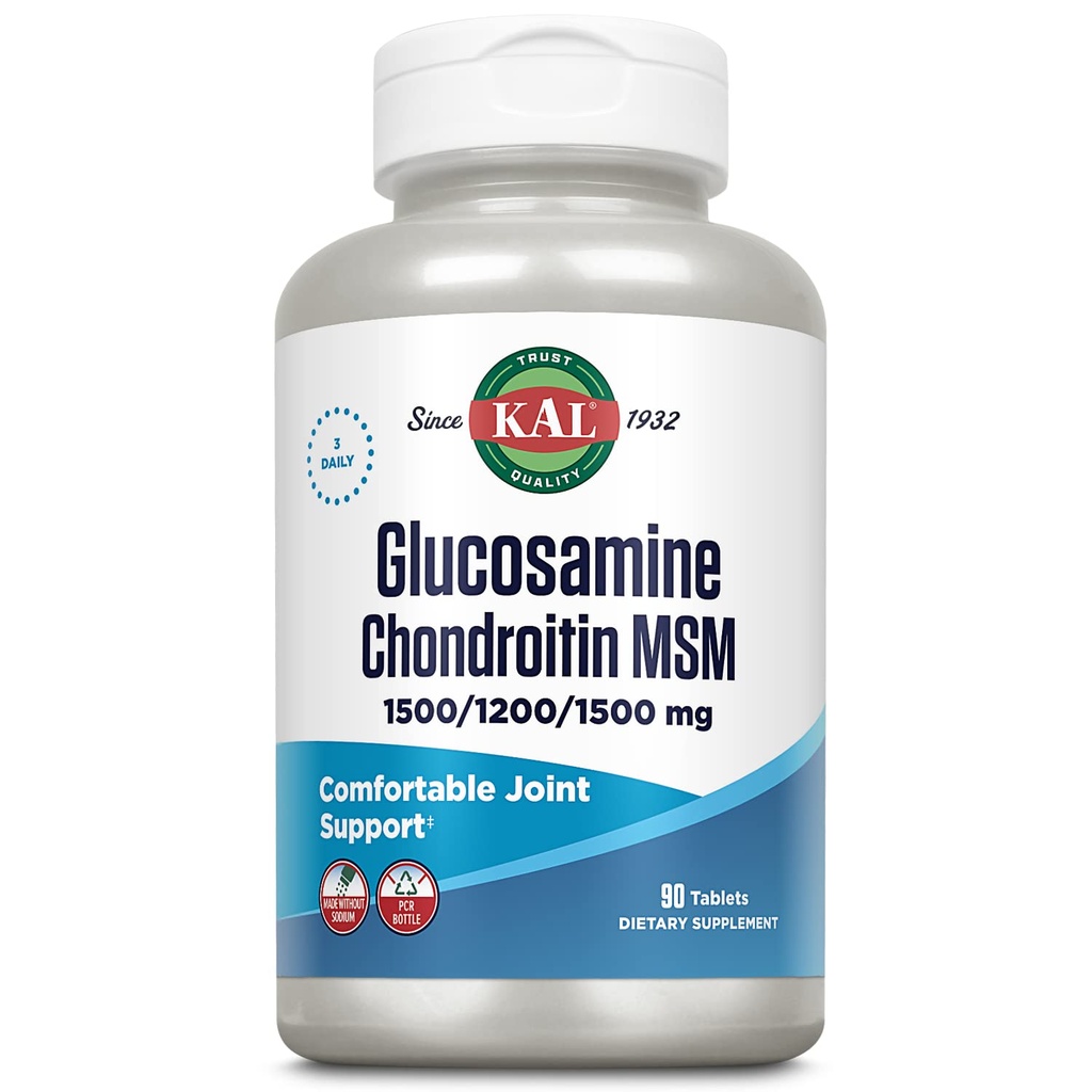 KAL Glucosamine Chondroitin MSM, Joint Support Supplement for Women and Men, 1500mg Glucosamine Sulphate, 1200mg Chondroitín, 1500mg MSM, Rapid Disintegration, 60-Day Guarantee, 30 Servings, 90 Tablets